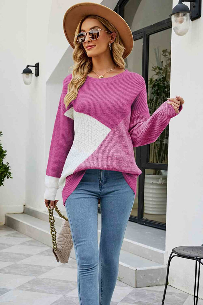 Color Block Round Neck Sweater | Sweaters & Cardigans