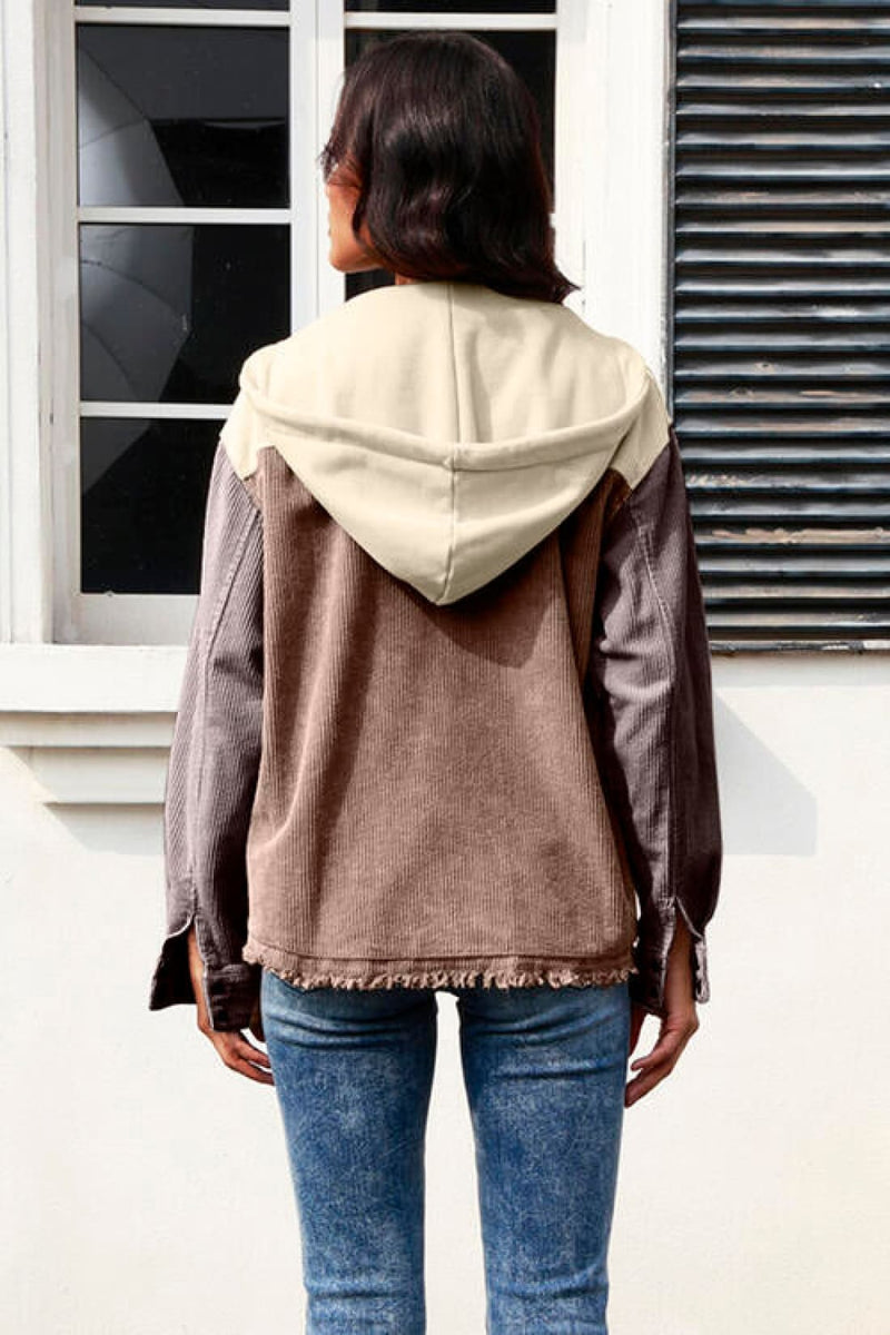 Contrast Drawstring Snap Down Raw Hem Hooded Jacket | Jackets & Coats