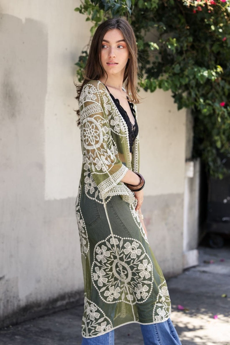 Contrast Mesh Cotton Lace Kimono | Kimono