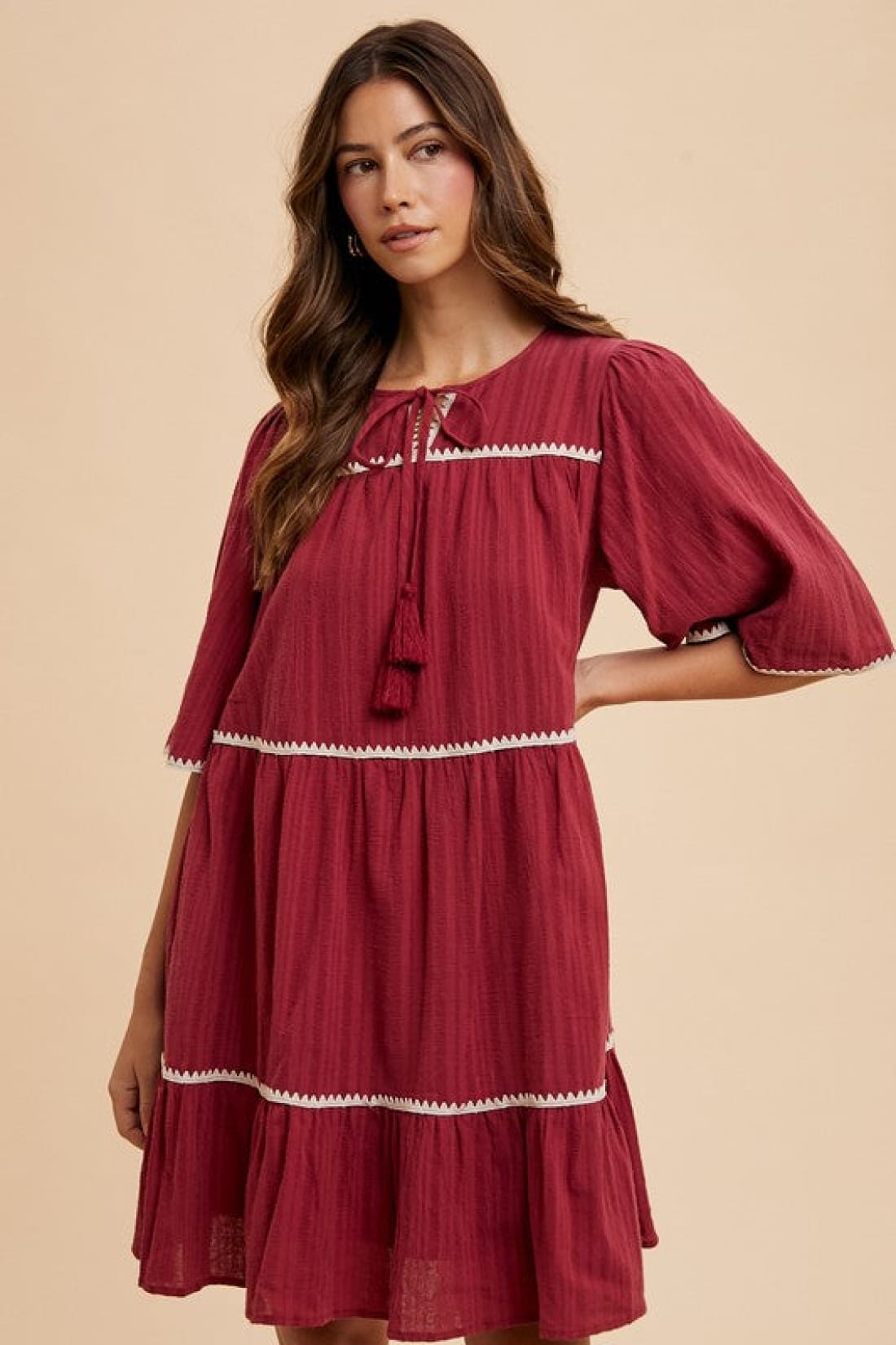 Contrast Trim Tiered Dress in Burgundy