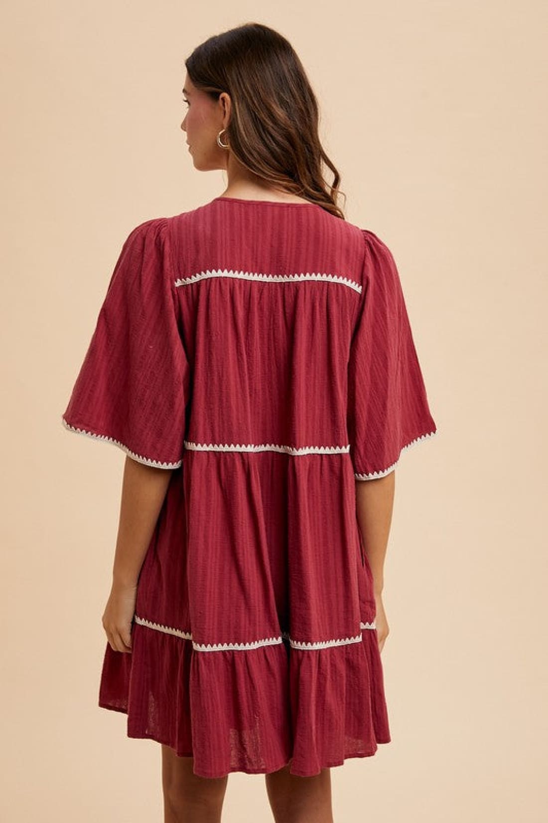 Contrast Trim Tiered Dress in Burgundy