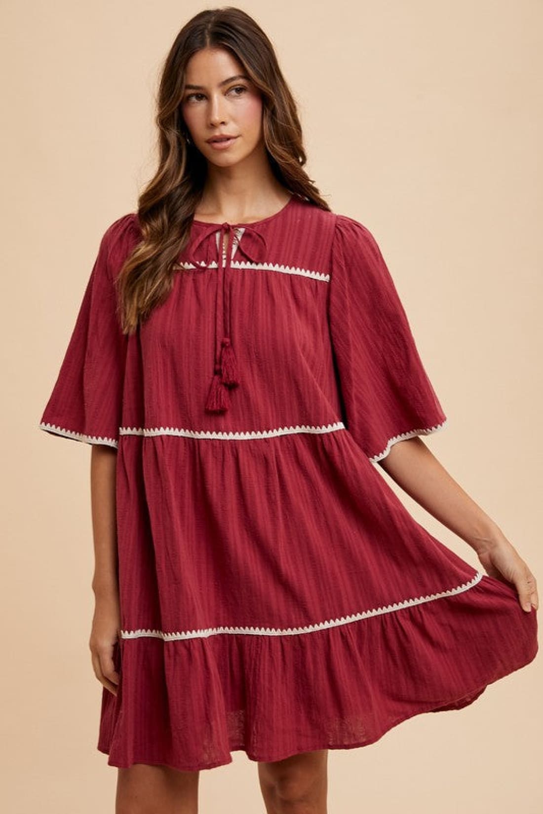 Contrast Trim Tiered Dress in Burgundy