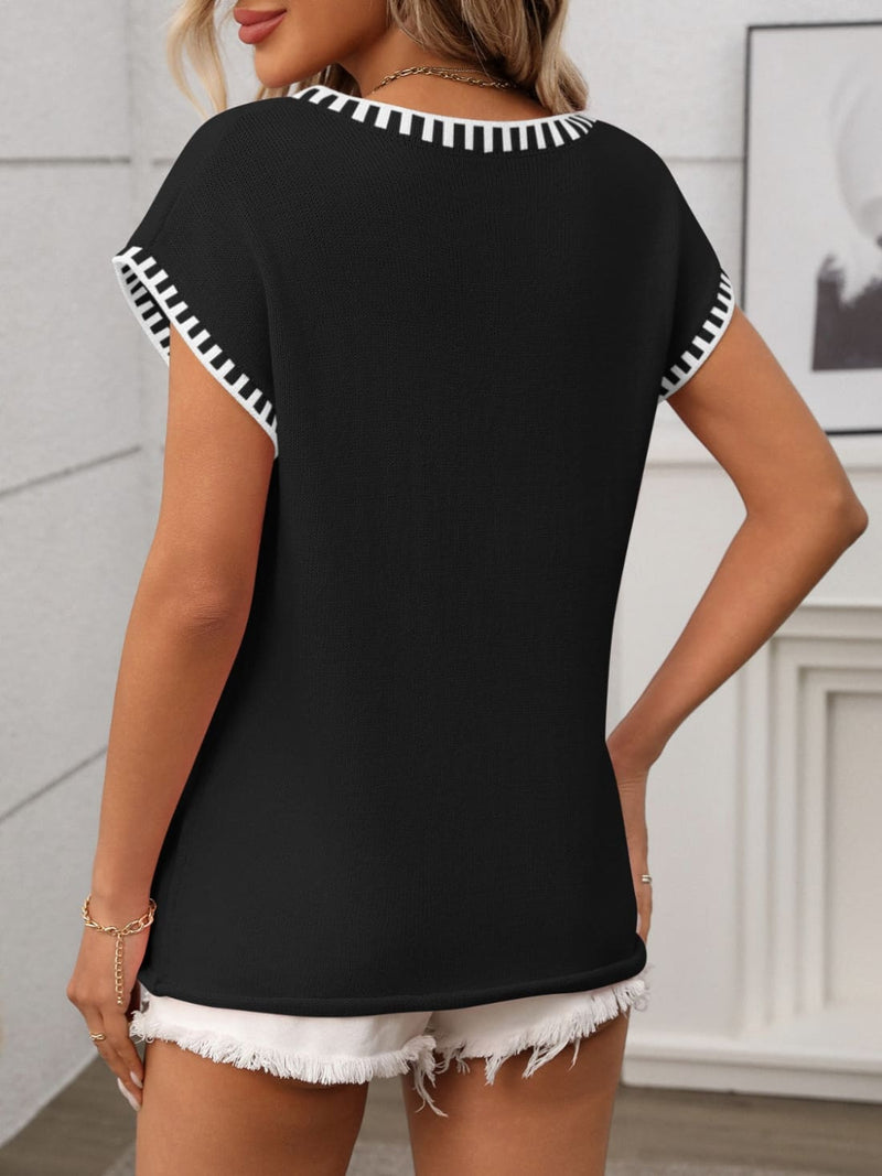 Contrast Trim V-Neck Short Sleeve Knit Top