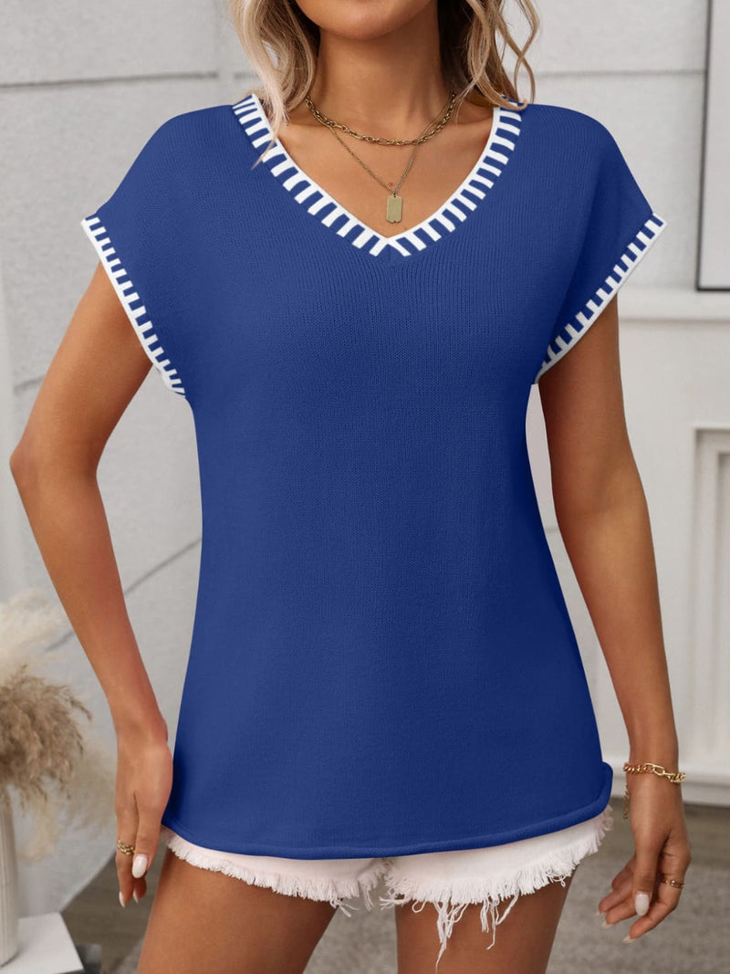 Contrast Trim V-Neck Short Sleeve Knit Top