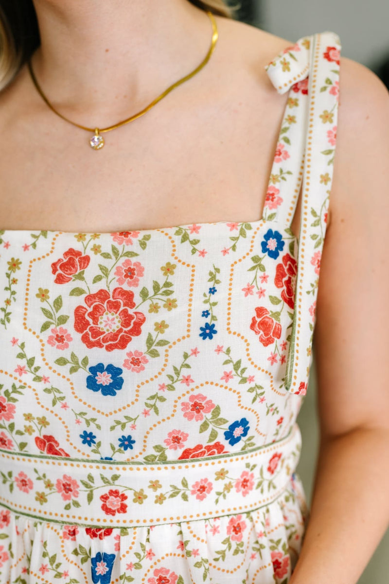 Country Crush Adjustable Strap Dress in Cream and Red