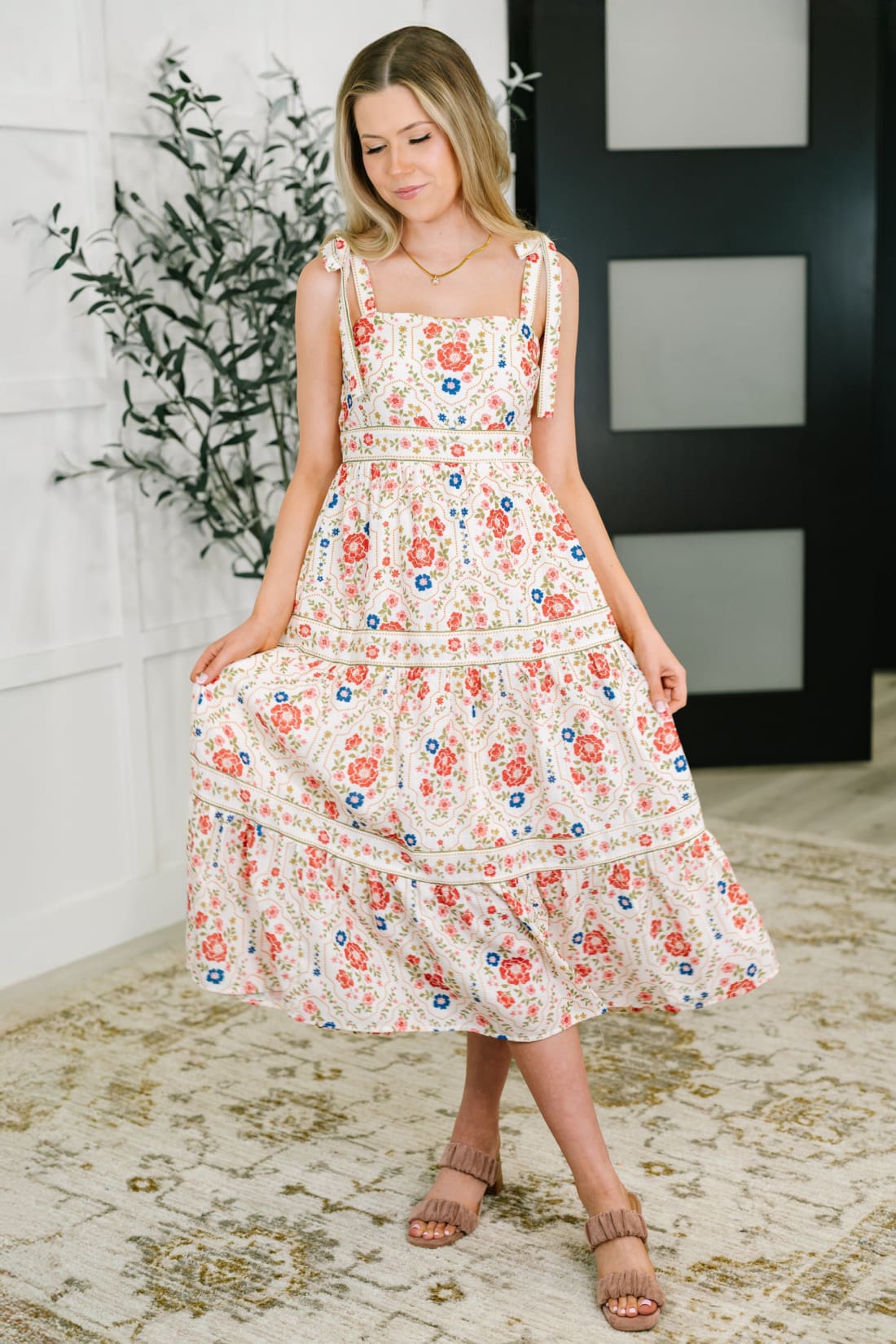 Country Crush Adjustable Strap Dress in Cream and Red