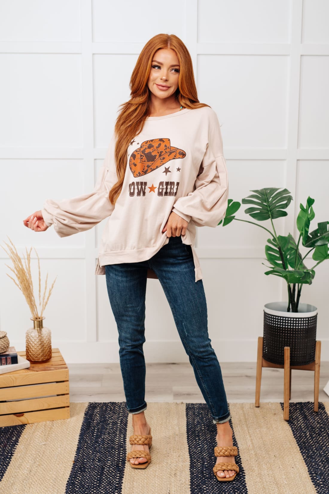 Cow Girl Graphic Pullover in Stone | Tops