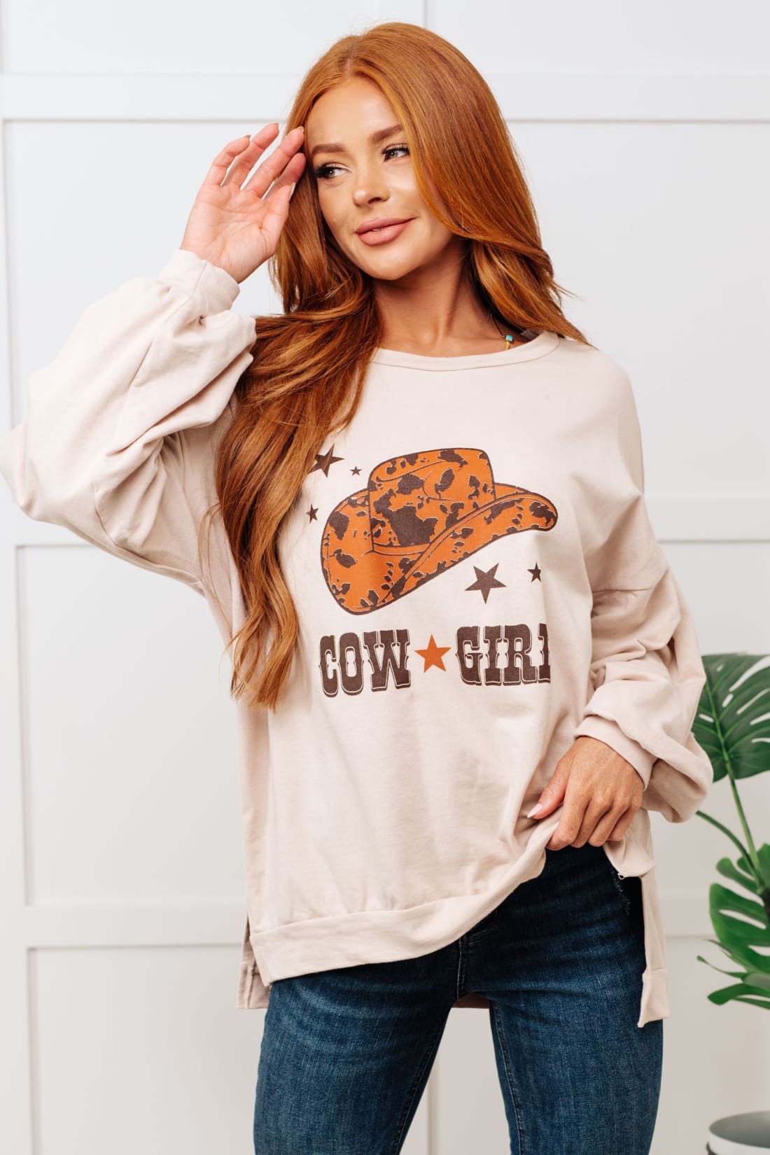 Cow Girl Graphic Pullover in Stone | Tops