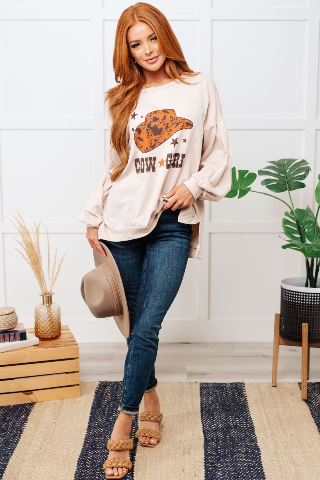 Cow Girl Graphic Pullover in Stone | Tops