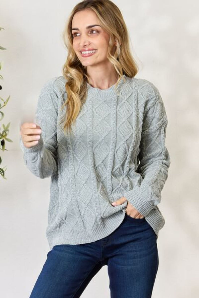 Cozy Cable Knit Round Neck Sweater in Sage
