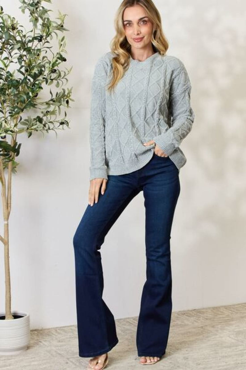 Cozy Cable Knit Round Neck Sweater in Sage