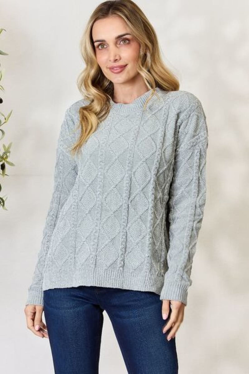 Cozy Cable Knit Round Neck Sweater in Sage | Sweaters & Cardigans