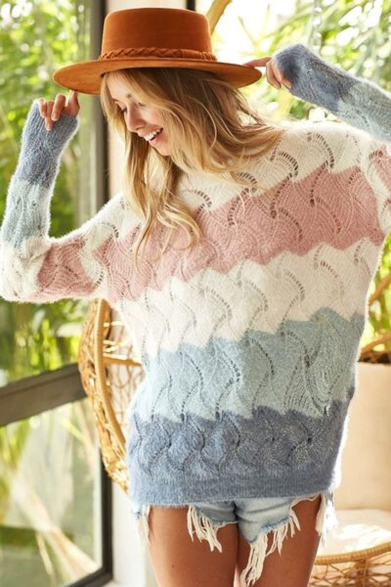 Cozy Color Block Openwork Pastel Stripe Long Sleeve Sweater | Sweaters & Cardigans
