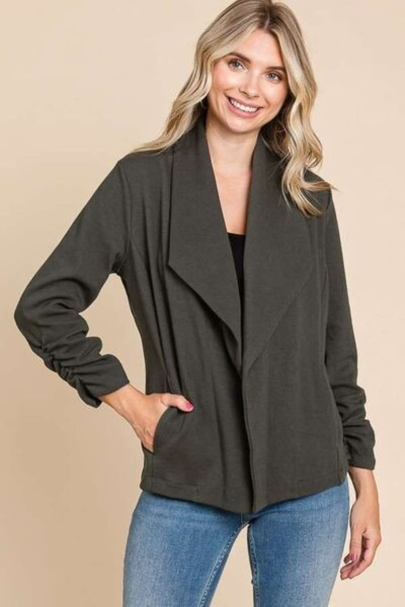 Culture Code Full Size Ruched Open Front Long Sleeve Jacket | Jackets & Coats