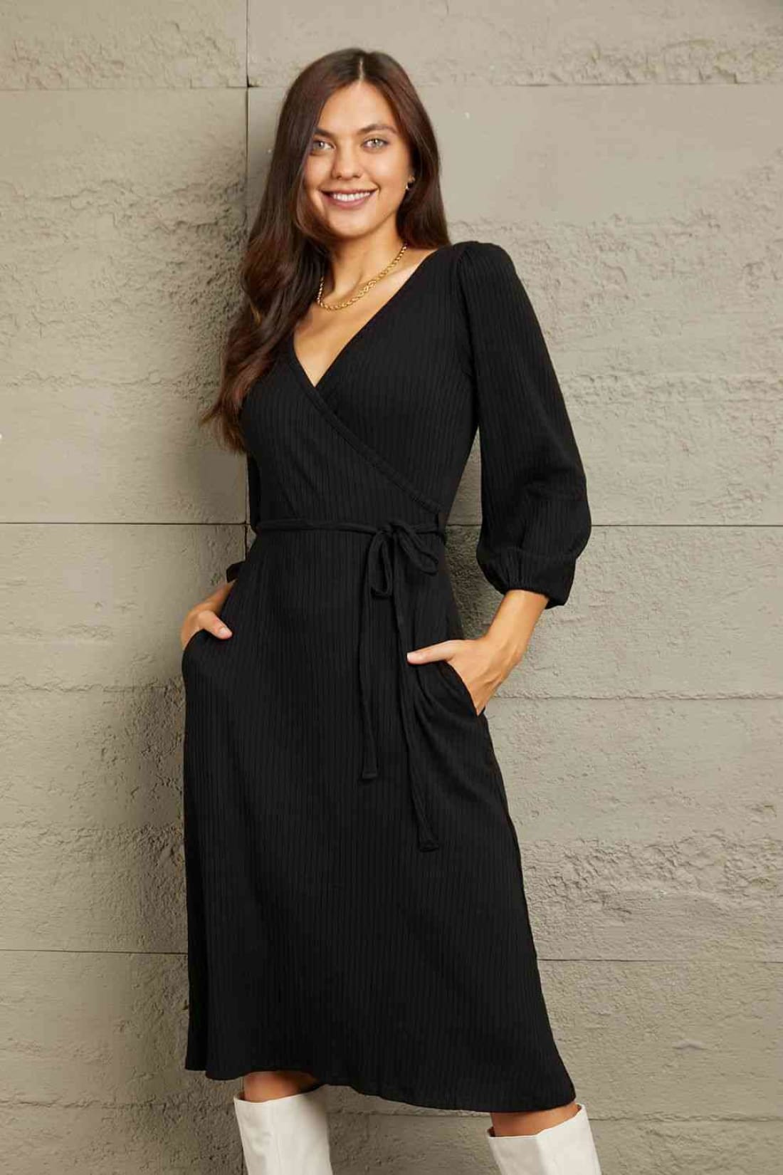 Culture Code Full Size Surplice Flare Ruching Dress | knee length dress