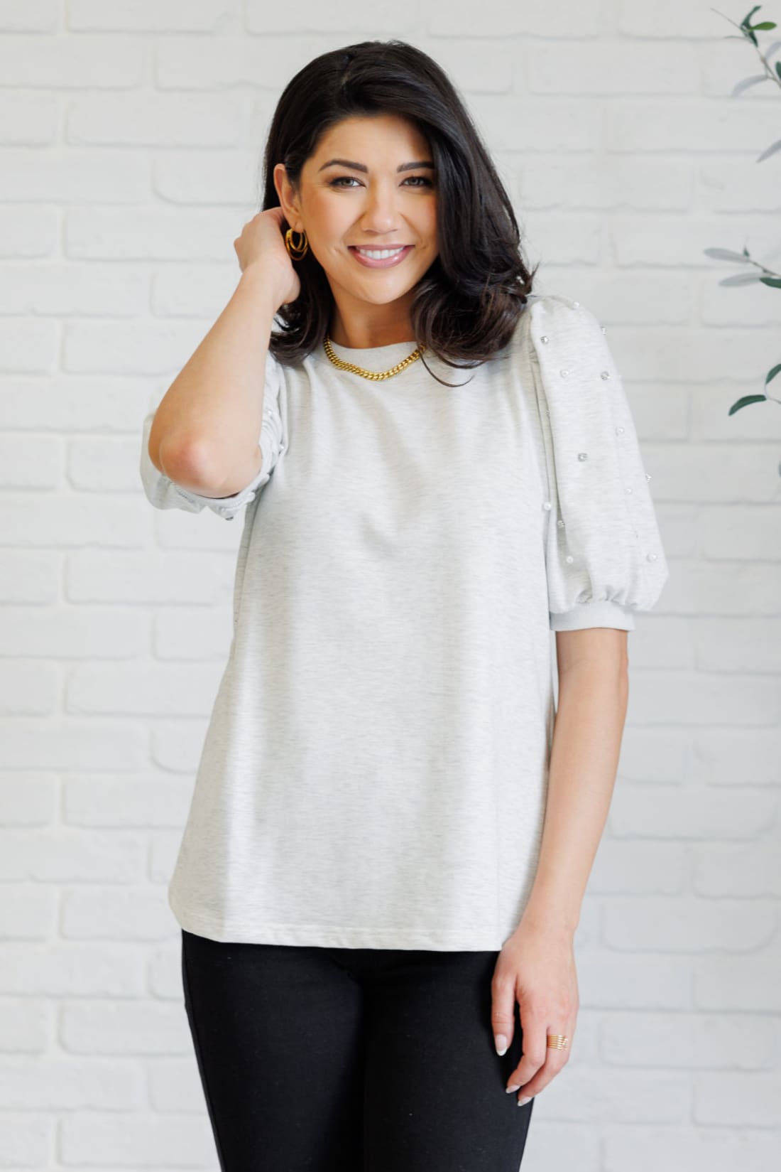 Diamonds and Pearls Puff Sleeve Top in Light Grey | Tops