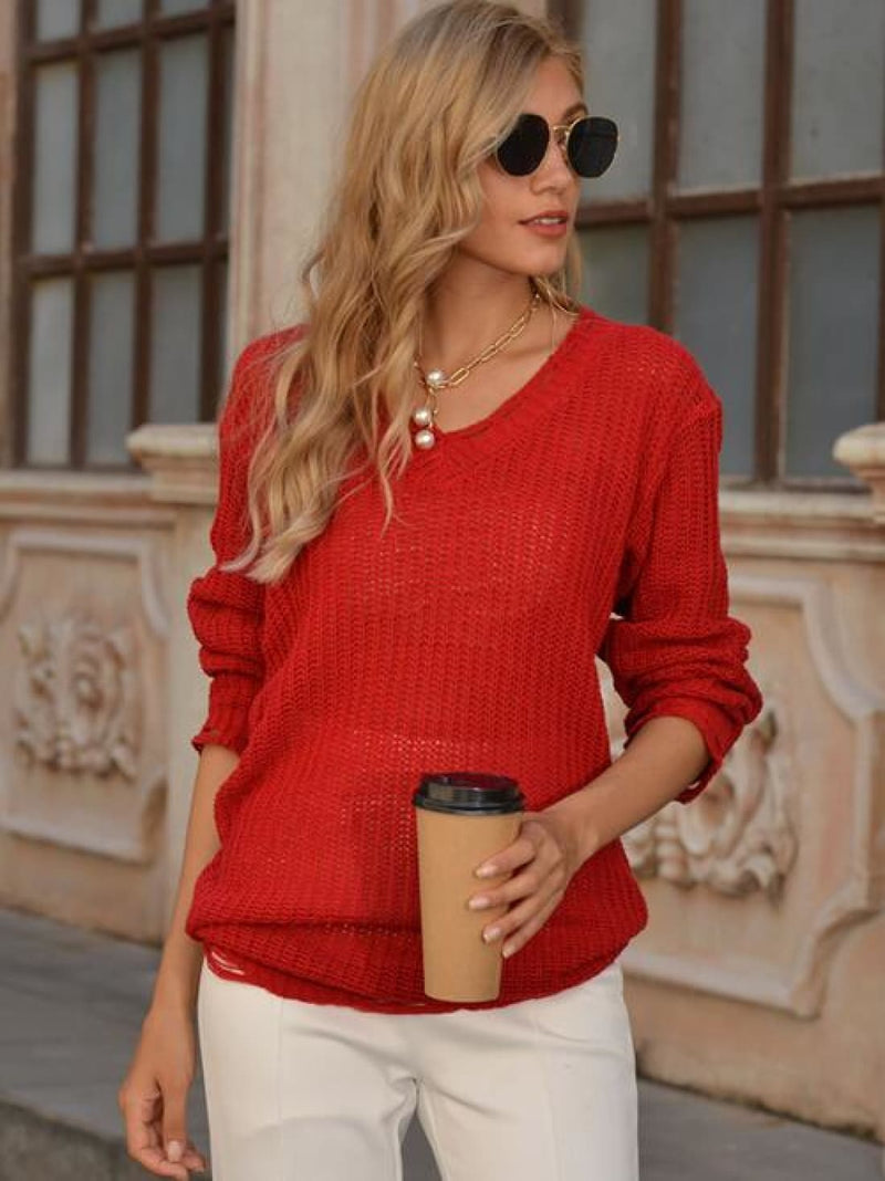 Distressed V - Neck Long Sleeve Knit Top