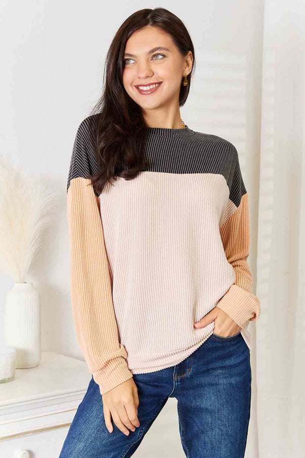 Double Take Color Block Dropped Shoulder T - Shirt | Long Sleeve Tops