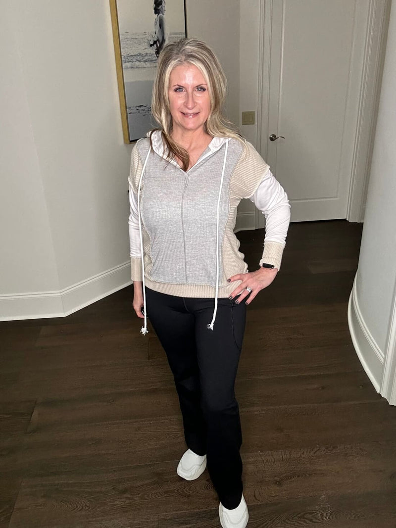 Double Take Color Block Exposed Seam Drawstring Hoodie