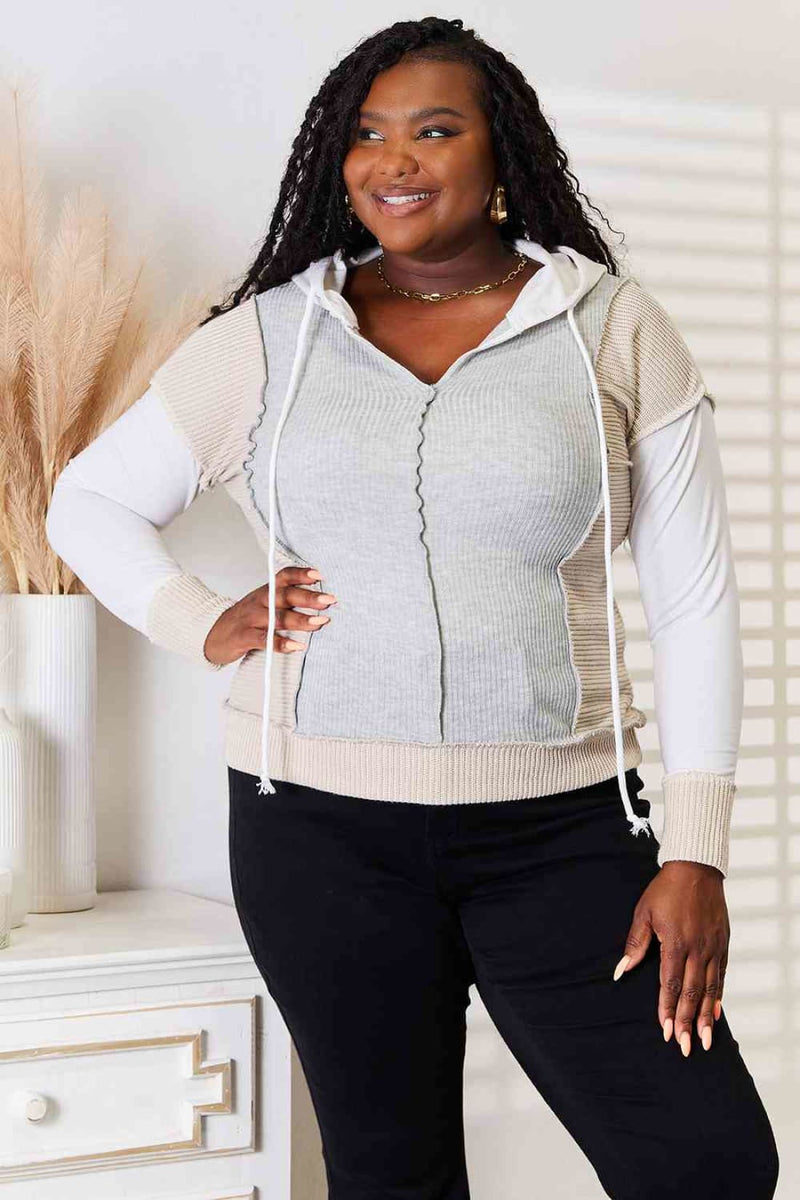Double Take Color Block Exposed Seam Drawstring Hoodie | Jackets & Coats