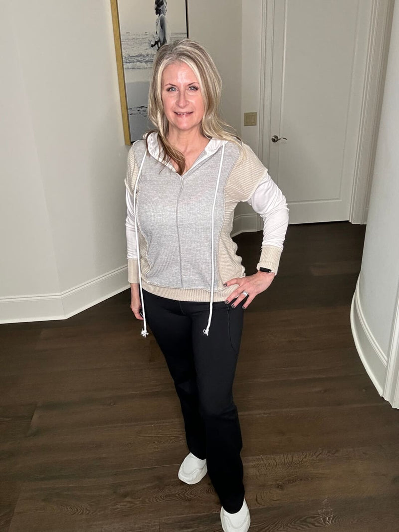 Double Take Color Block Exposed Seam Drawstring Hoodie