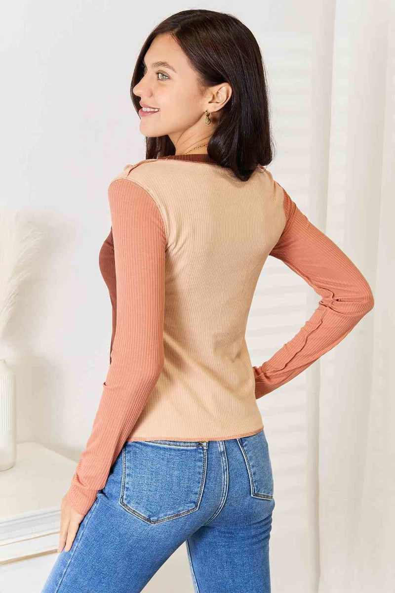 Double Take Color Block Exposed Seam Long Sleeve Top | Long Sleeve Tops