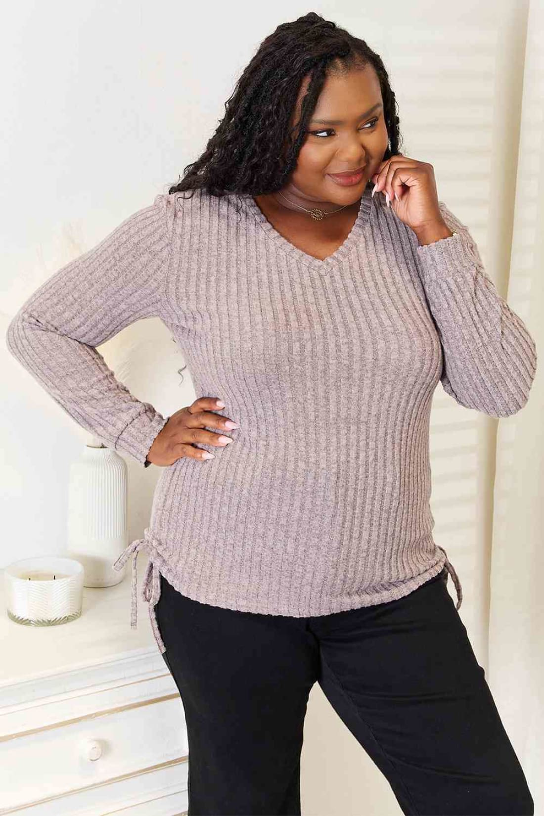 Double Take Drawstring Ribbed Long Sleeve T-Shirt | Long Sleeve Tops