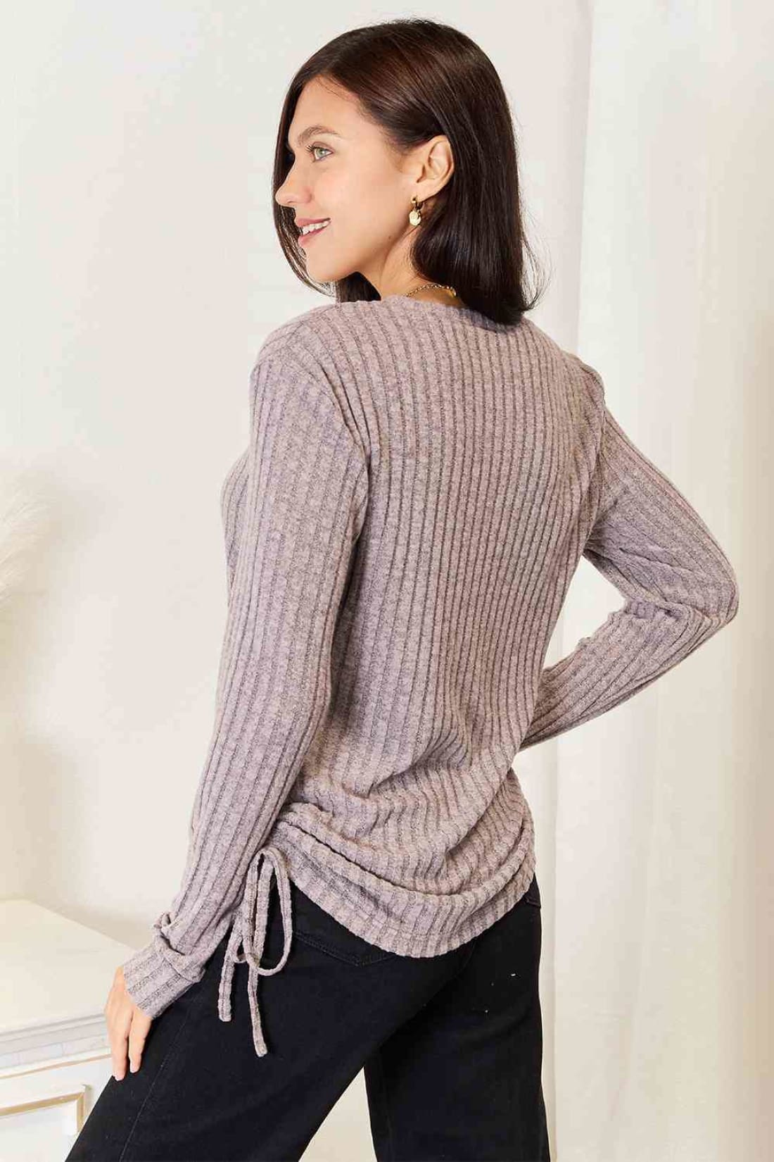 Double Take Drawstring Ribbed Long Sleeve T-Shirt | Long Sleeve Tops