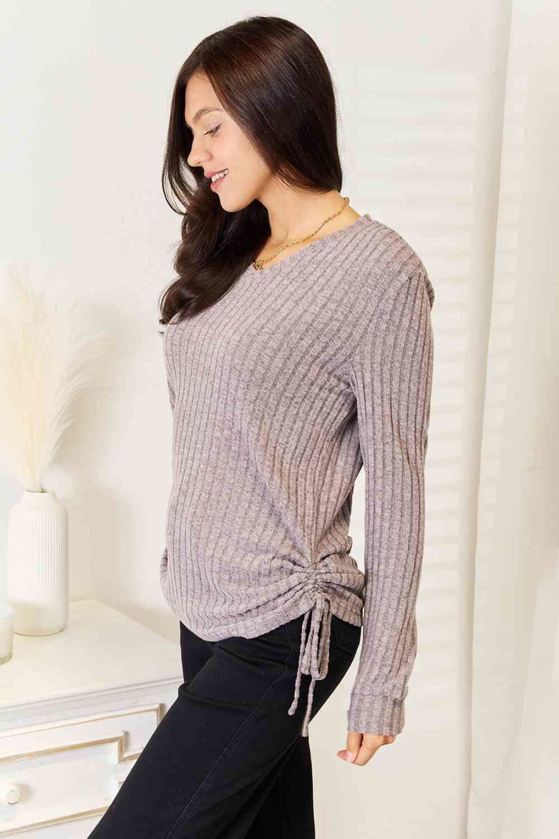 Double Take Drawstring Ribbed Long Sleeve T-Shirt | Long Sleeve Tops