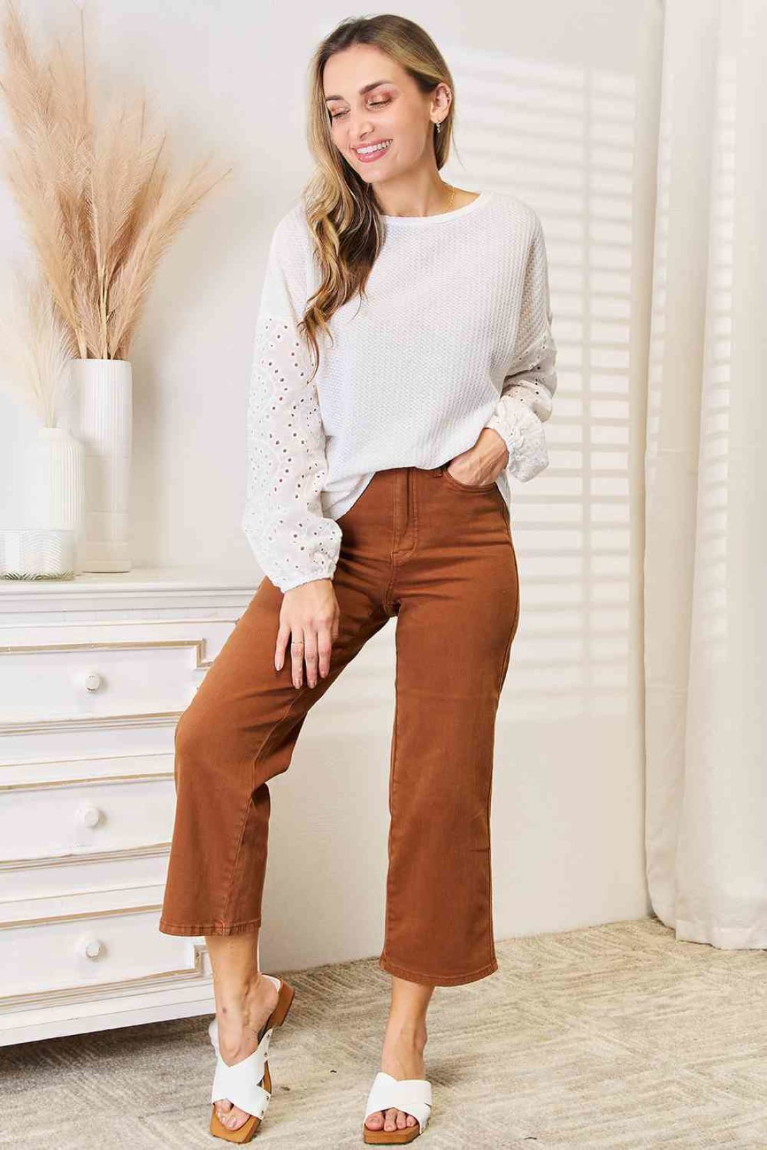 Double Take Eyelet Dropped Shoulder Round Neck Blouse | Long Sleeve Tops