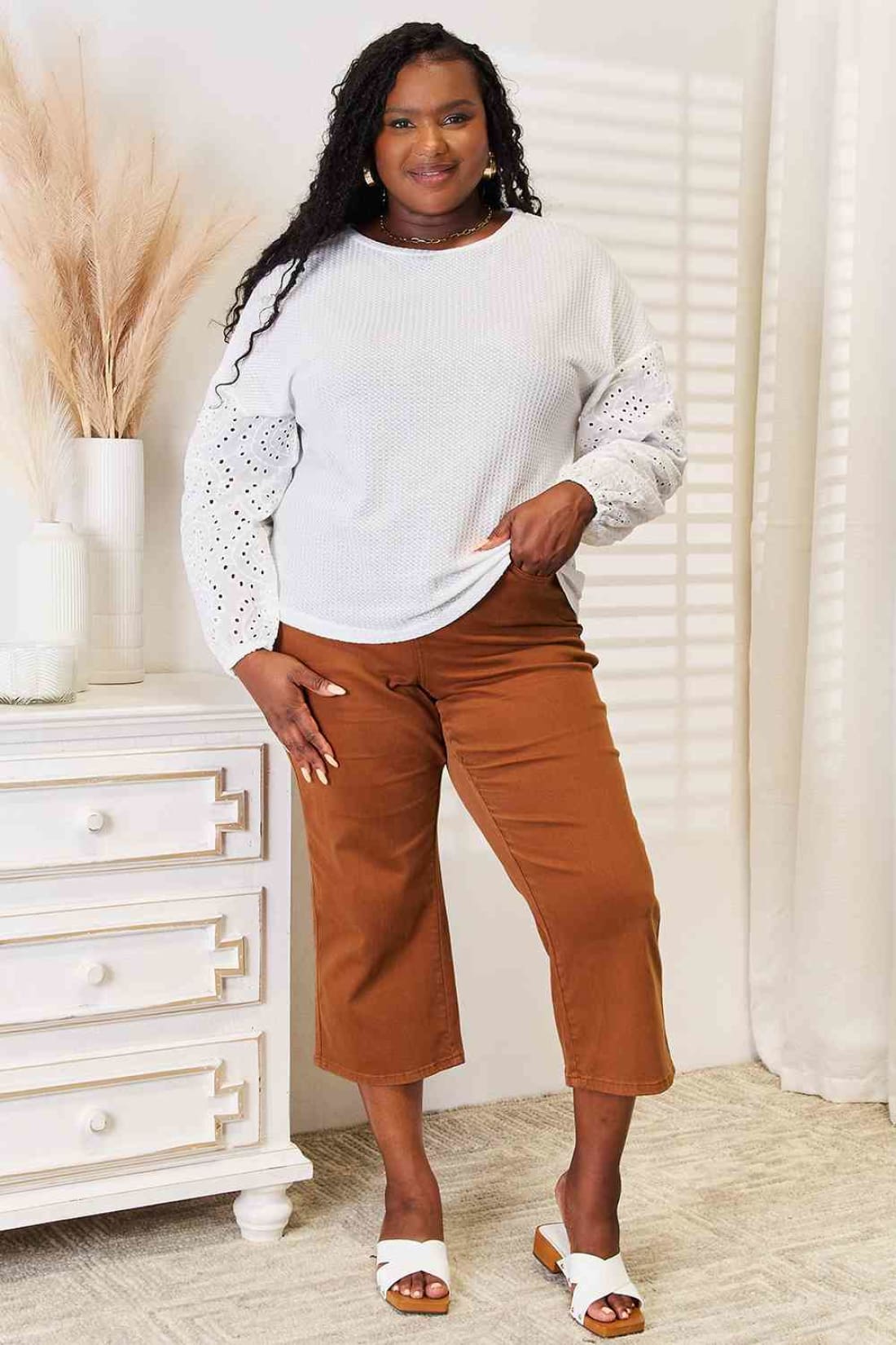 Double Take Eyelet Dropped Shoulder Round Neck Blouse | Long Sleeve Tops