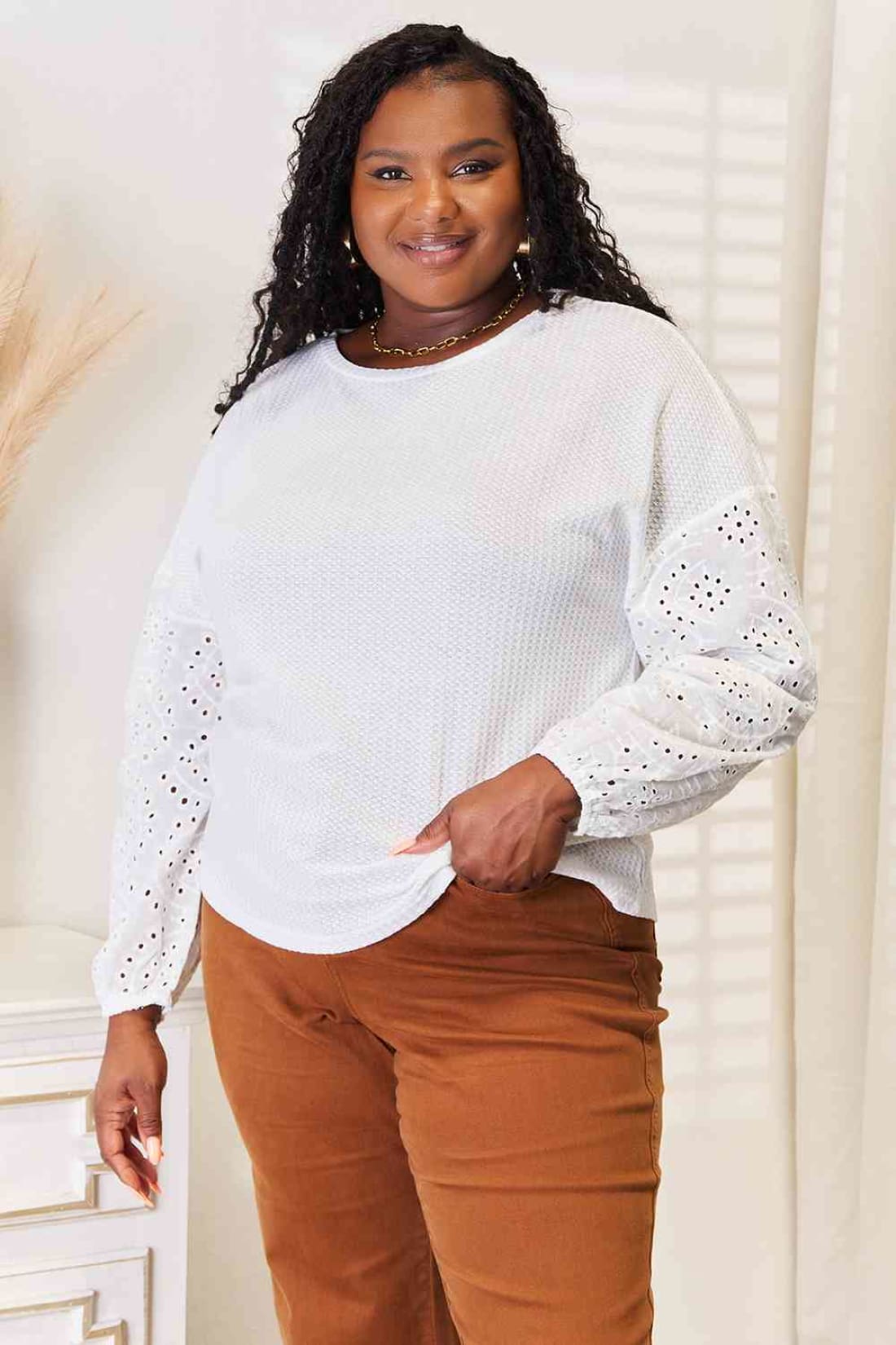 Double Take Eyelet Dropped Shoulder Round Neck Blouse | Long Sleeve Tops