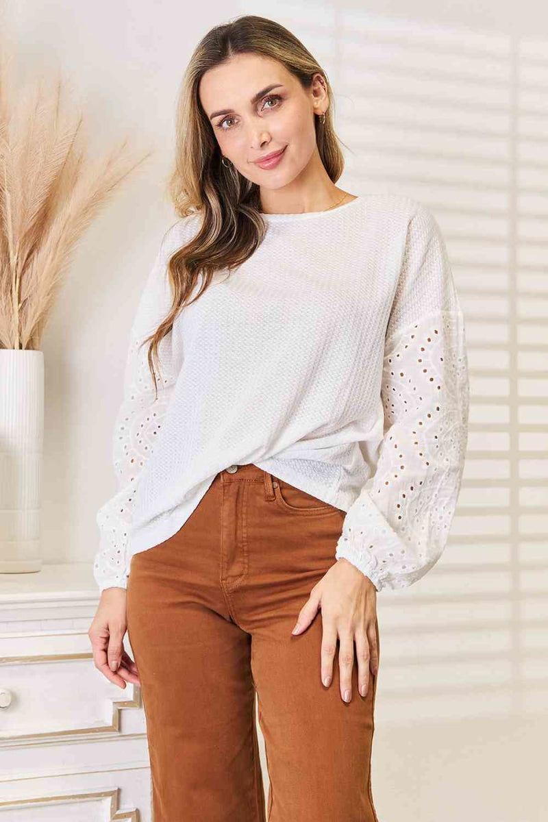 Double Take Eyelet Dropped Shoulder Round Neck Blouse | Long Sleeve Tops
