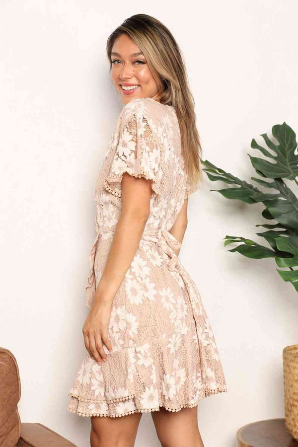 Double Take Floral Lace Pompom Detail Tie-Waist Flutter Sleeve Dress | Mini Dresses