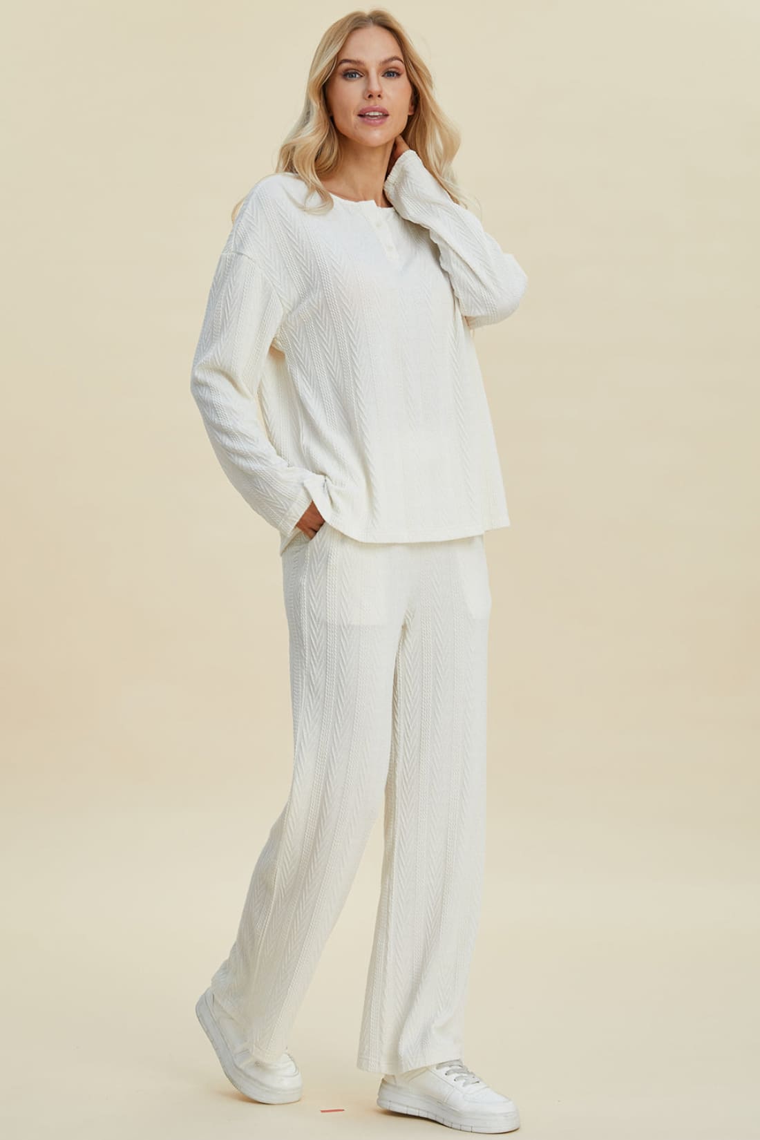 Double Take Full Size Cable-Knit Long Sleeve Top and Pants Set | athleisure