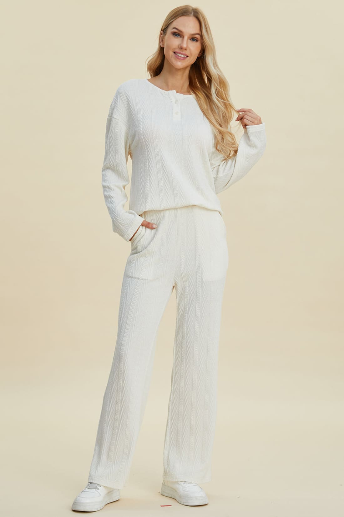 Double Take Full Size Cable-Knit Long Sleeve Top and Pants Set | athleisure