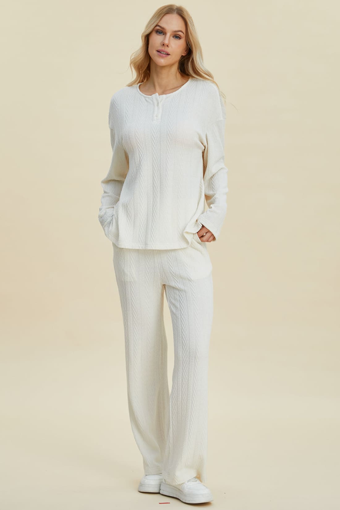 Double Take Full Size Cable-Knit Long Sleeve Top and Pants Set | athleisure