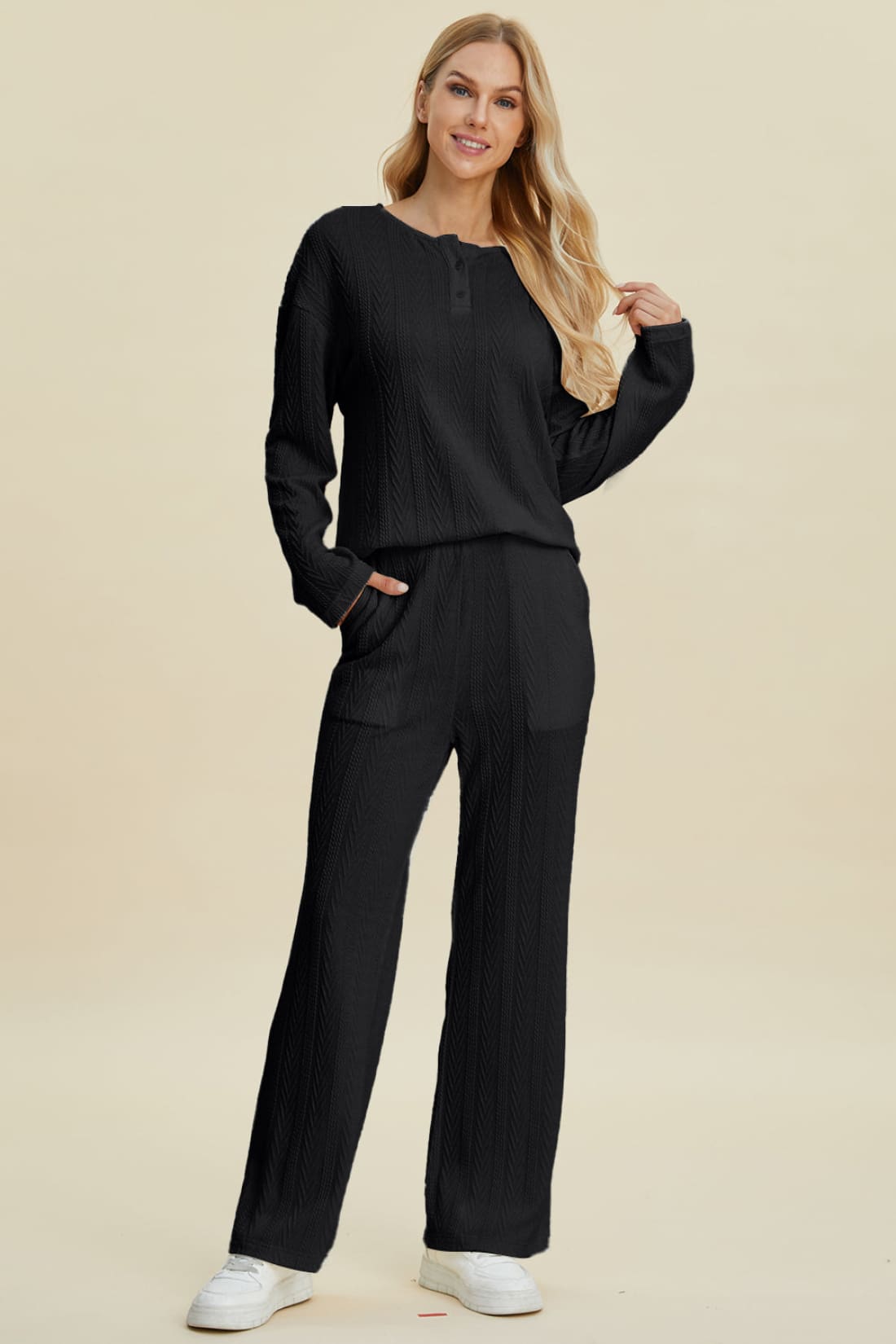 Double Take Full Size Cable-Knit Long Sleeve Top and Pants Set | athleisure