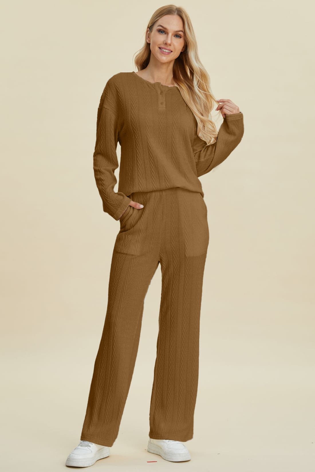 Double Take Full Size Cable-Knit Long Sleeve Top and Pants Set | athleisure