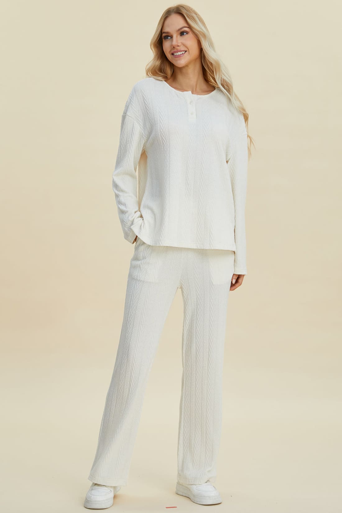 Double Take Full Size Cable-Knit Long Sleeve Top and Pants Set | athleisure