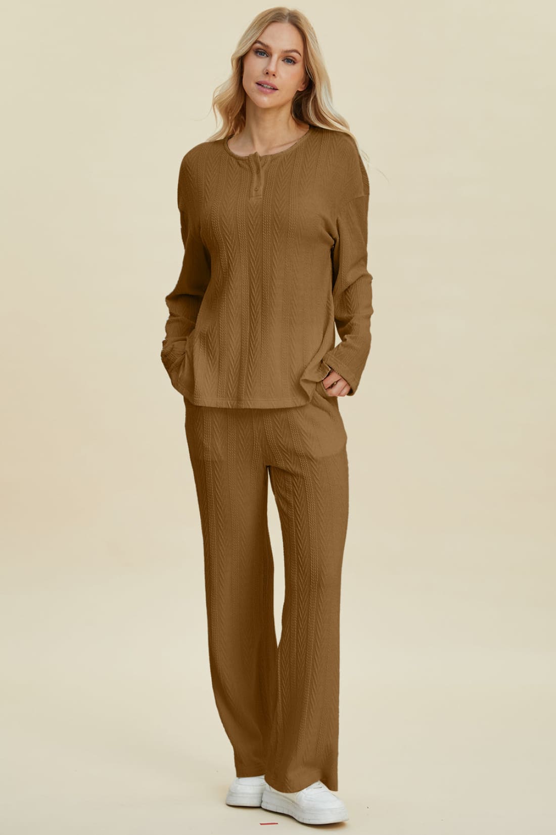 Double Take Full Size Cable-Knit Long Sleeve Top and Pants Set | athleisure