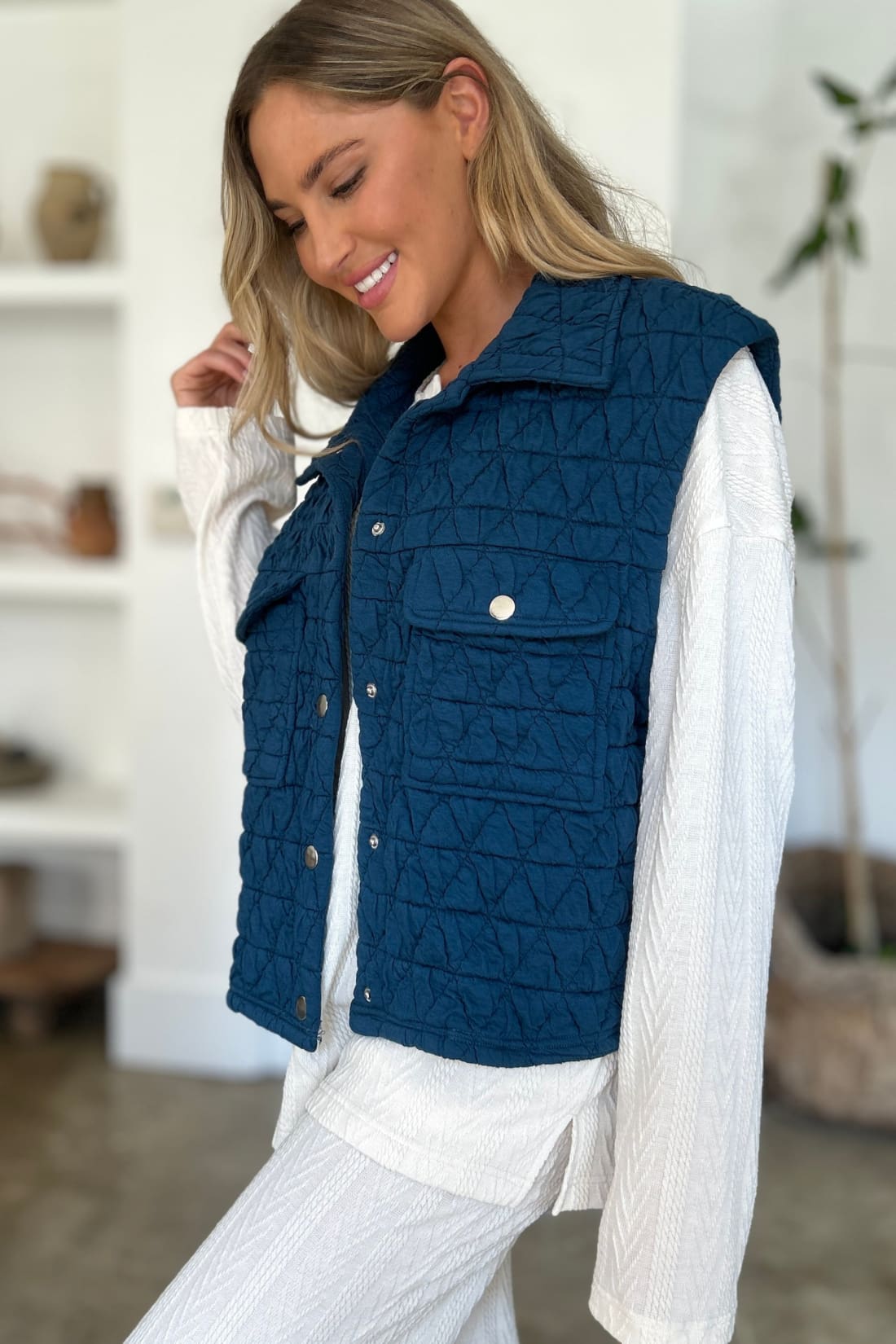 Double Take Full Size Pocketed Texture Snap Down Vest Coat | vest