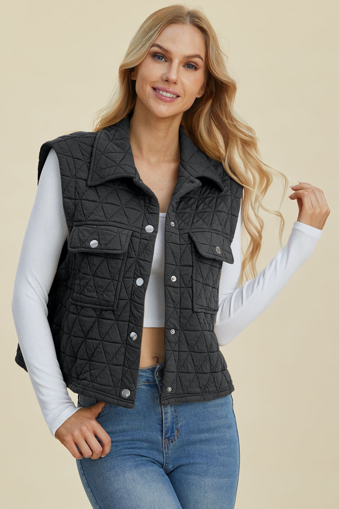 Double Take Full Size Pocketed Texture Snap Down Vest Coat | vest