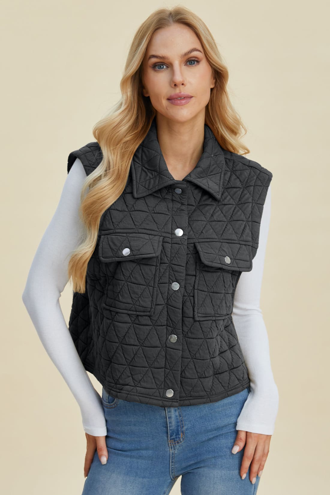 Double Take Full Size Pocketed Texture Snap Down Vest Coat | vest