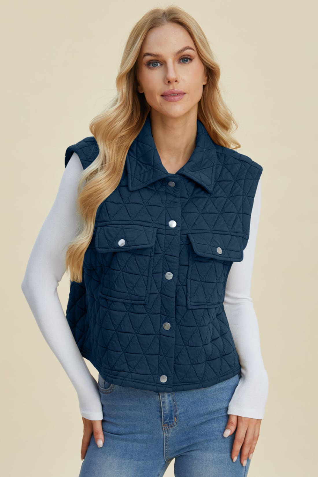 Double Take Full Size Pocketed Texture Snap Down Vest Coat | vest