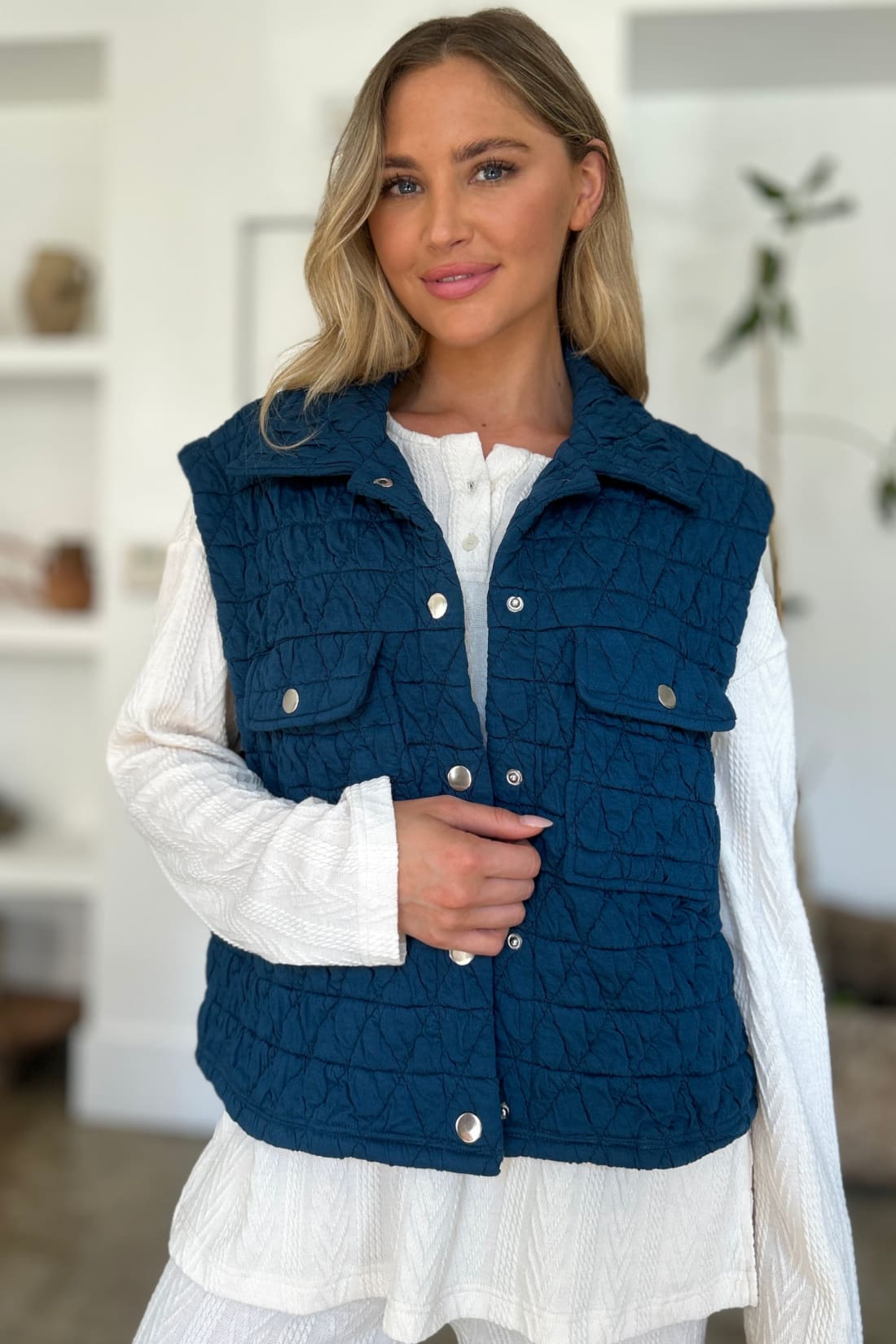 Double Take Full Size Pocketed Texture Snap Down Vest Coat | vest