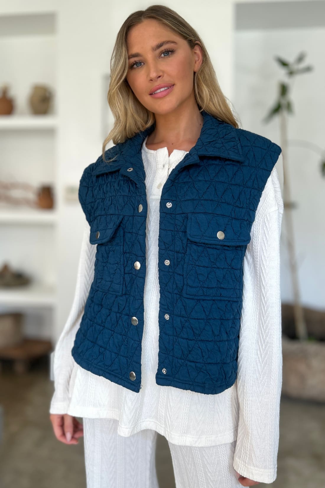 Double Take Full Size Pocketed Texture Snap Down Vest Coat | vest