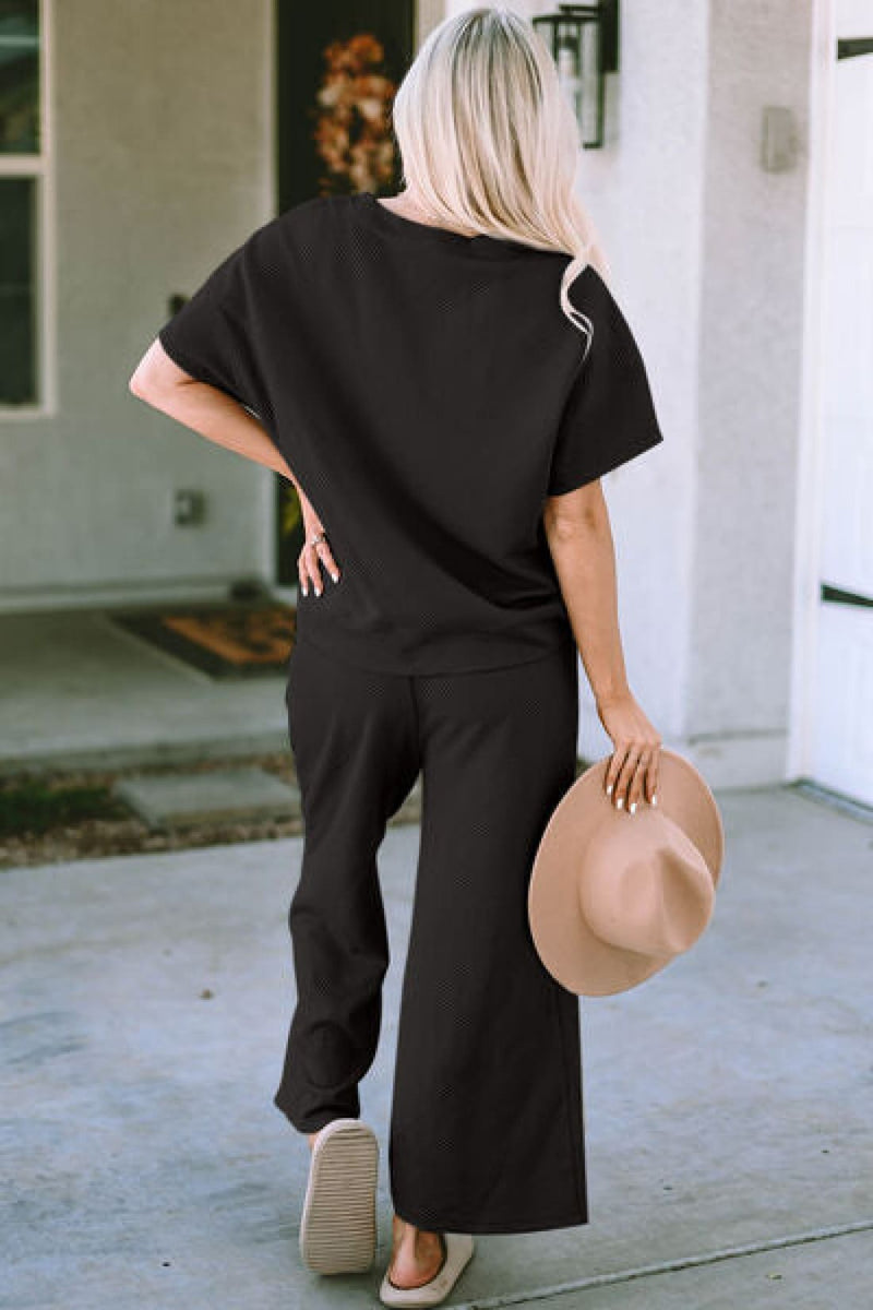 Double Take Full Size Texture Short Sleeve Top and Pants Set | lounge pants