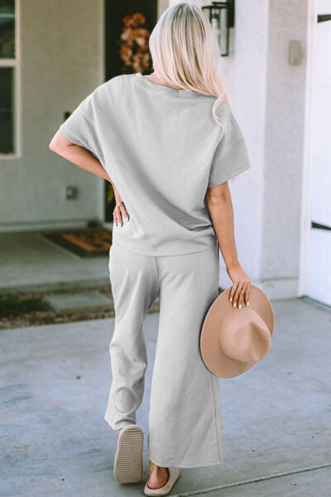 Textured Short Sleeve Top and Pants Lounge Set | lounge pants