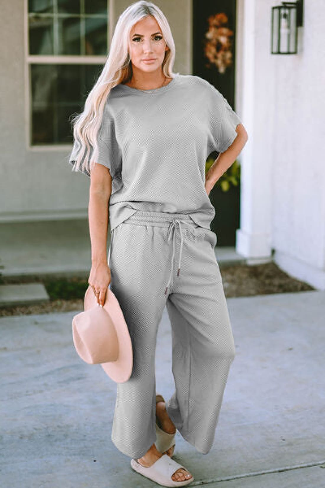 Textured Short Sleeve Top and Pants Lounge Set | lounge pants